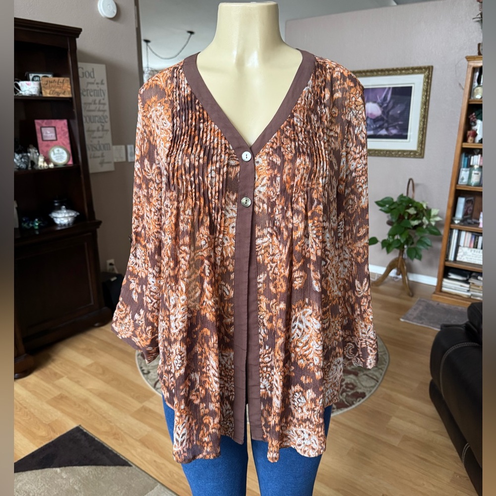 Coldwater Creek sheer brown & orange long sleeve blouse-PXL